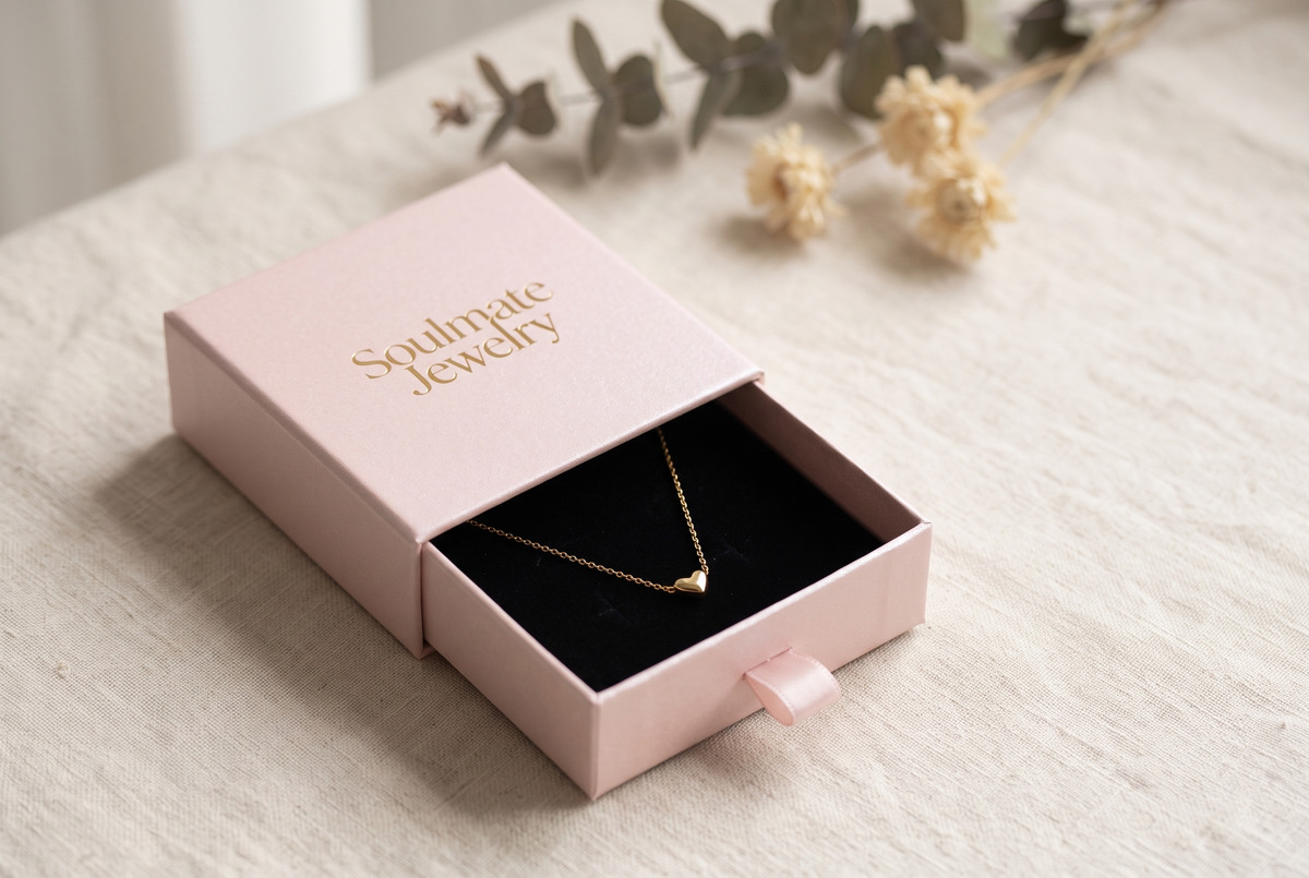 Cajita de regalo de Soulmate Jewelry con un colgante dentro