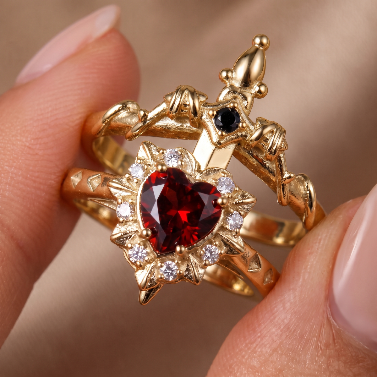 Anillo Corazón y Daga Ajustable